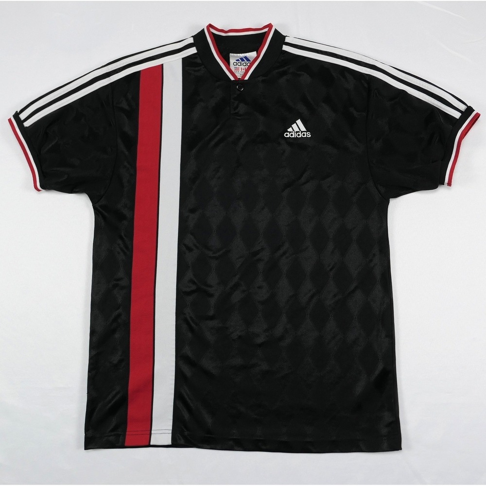VTG Adidas Soccer Jersey Black Striped Diamond Jacquard Henley Mens M 90s Shirt